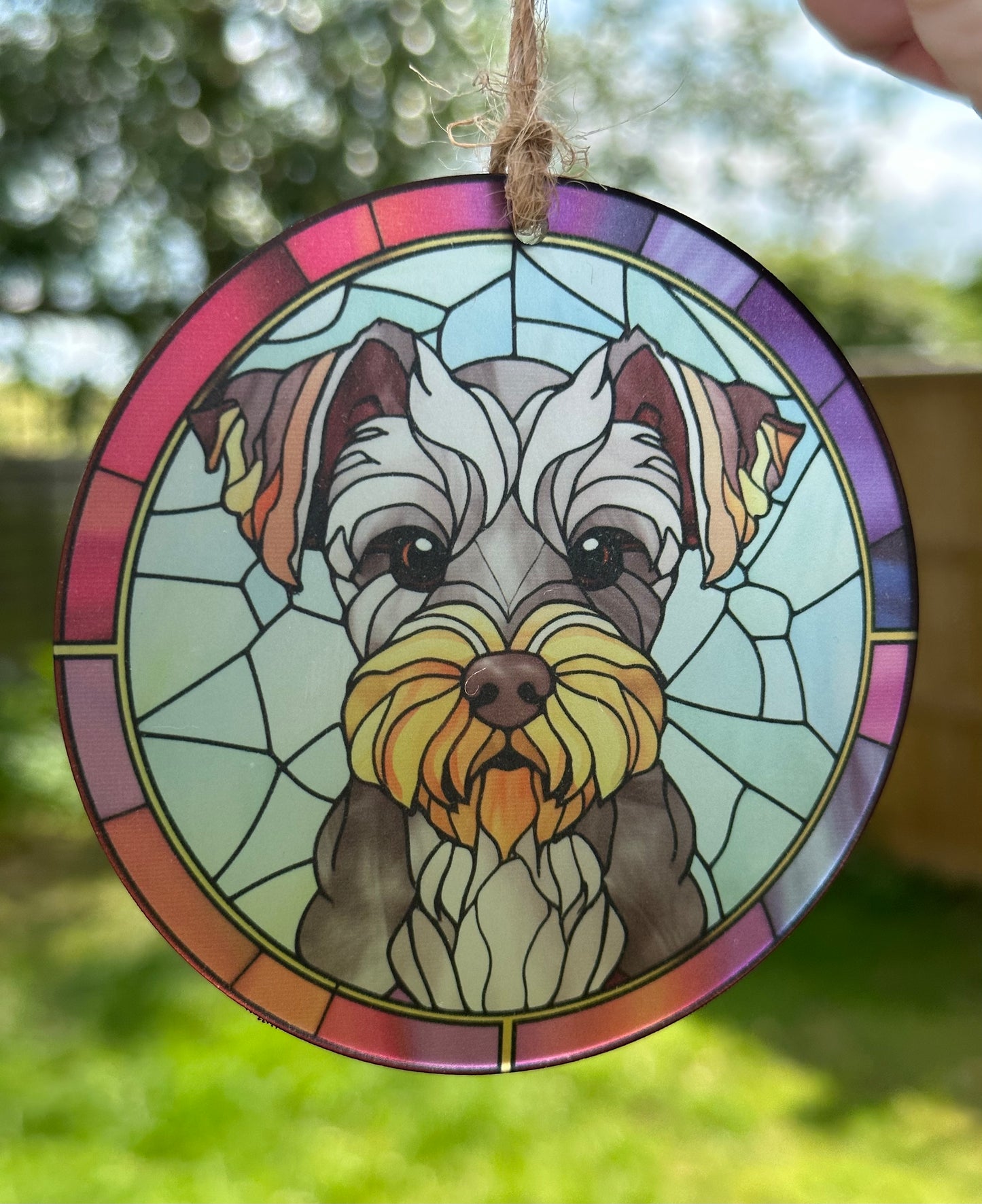 Schnauzer Stained Glass Effect Frosted Clear Acrylic Hanging Bauble Plaque - 3 Sizes Available