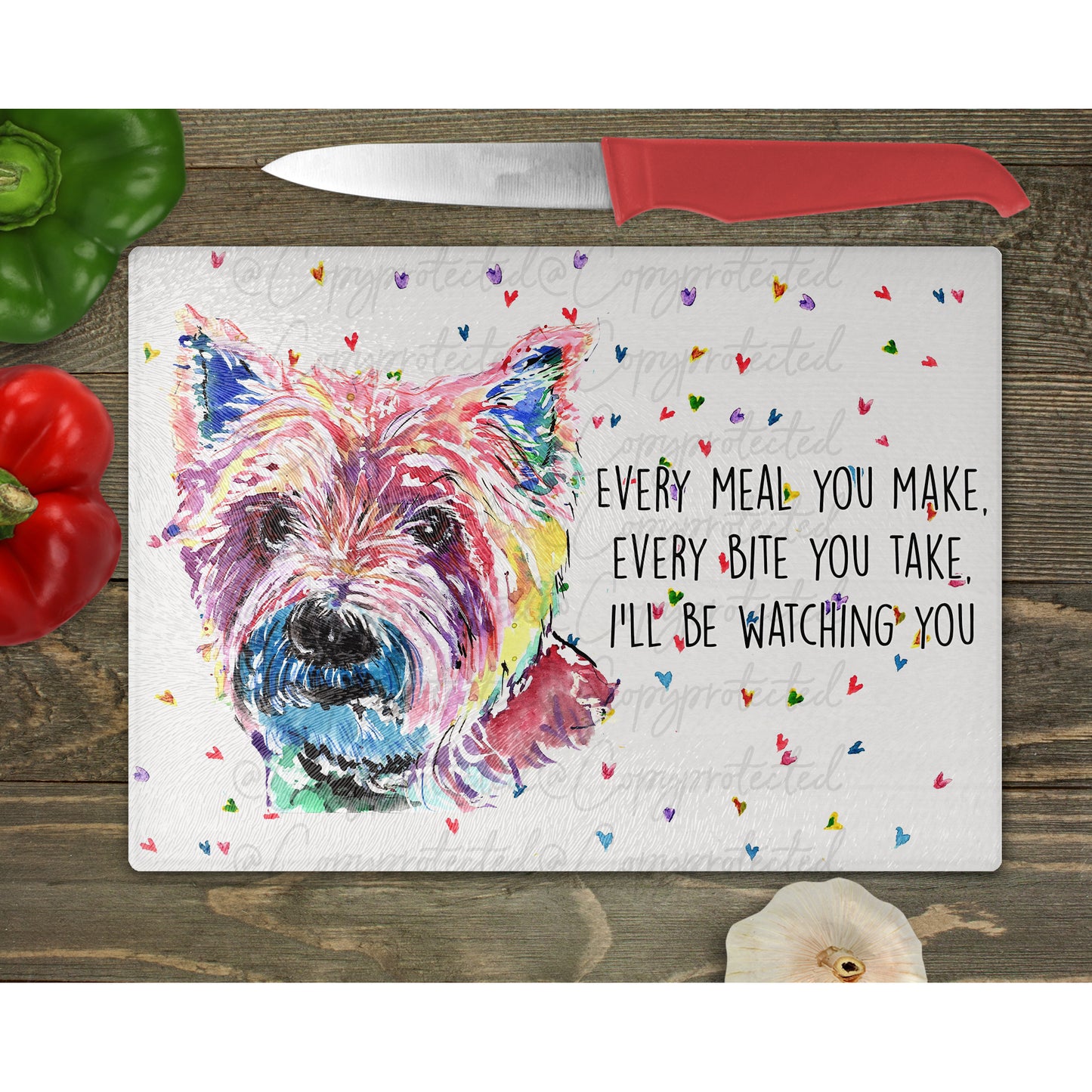 Westie Watercolour Splash Glass Chopping Board - 6 Backgrounds To Choose From.