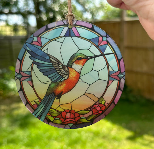 Hummingbird Stained Glass Effect Frosted Clear Acrylic Hanging Bauble Plaque - 3 Sizes Available