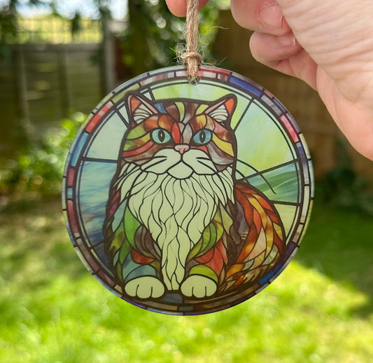 Cat Stained Glass Effect Frosted Clear Acrylic Hanging Bauble Plaque - 3 Sizes Available