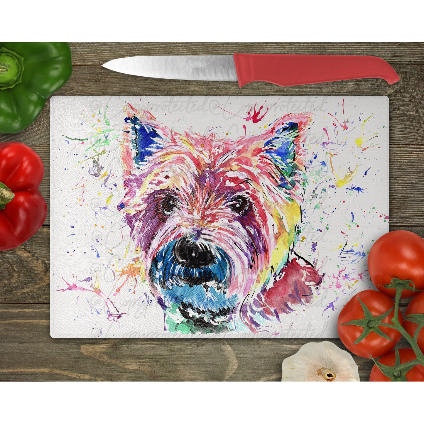 Westie Watercolour Splash Glass Chopping Board - 6 Backgrounds To Choose From.