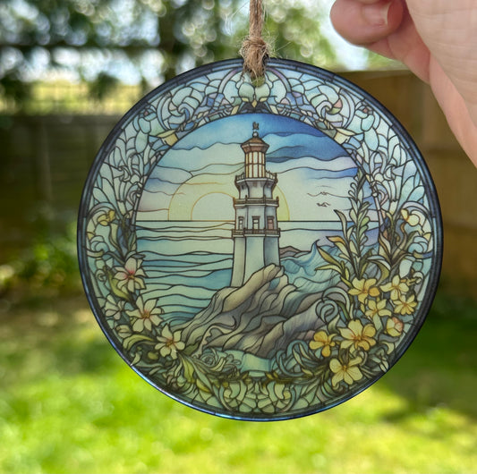 Lighthouse Stained Glass Effect Frosted Clear Acrylic Hanging Bauble Plaque - 3 Sizes Available