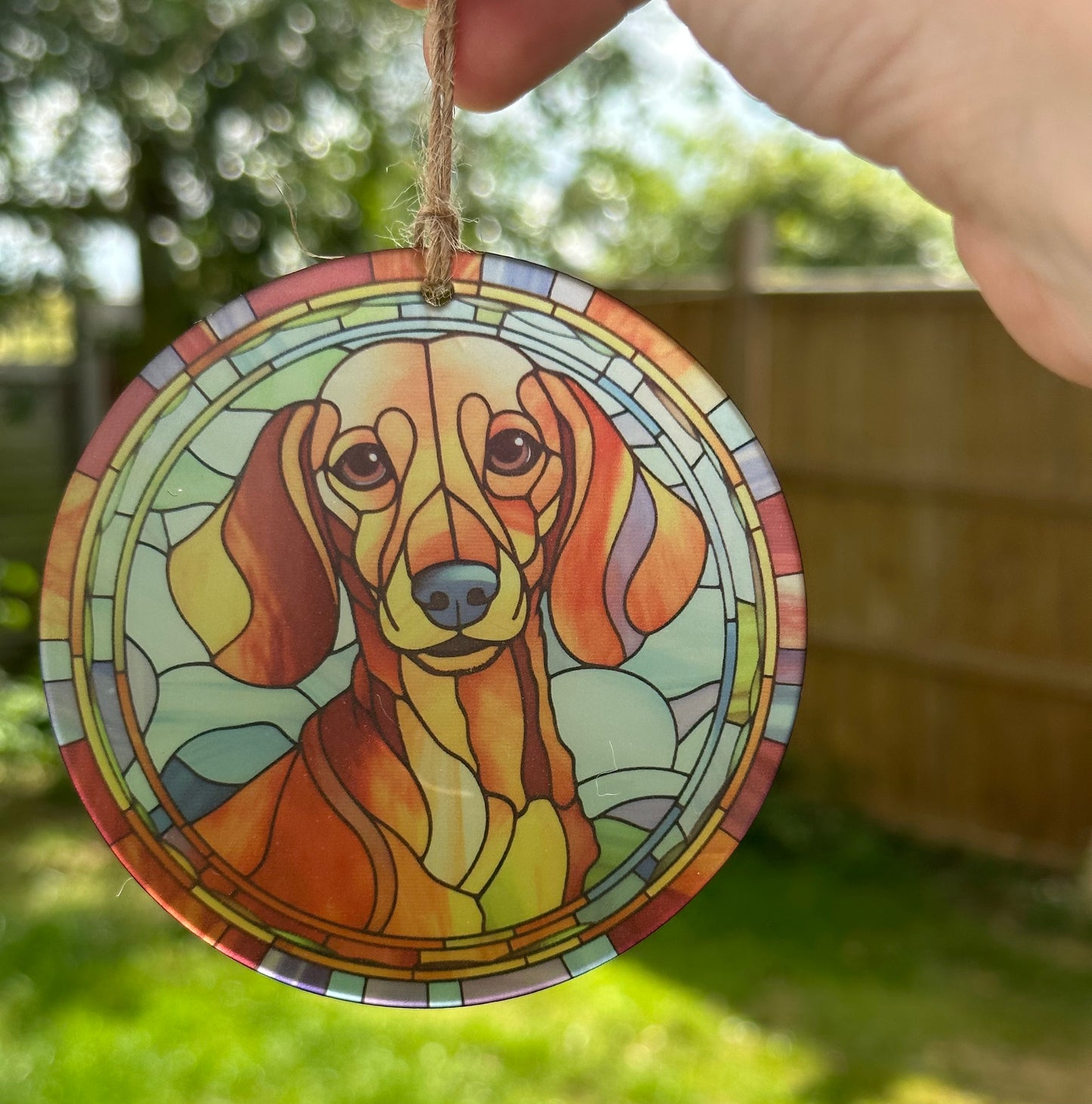 Daschund Stained Glass Effect Frosted Clear Acrylic Hanging Bauble Plaque - 3 Sizes Available