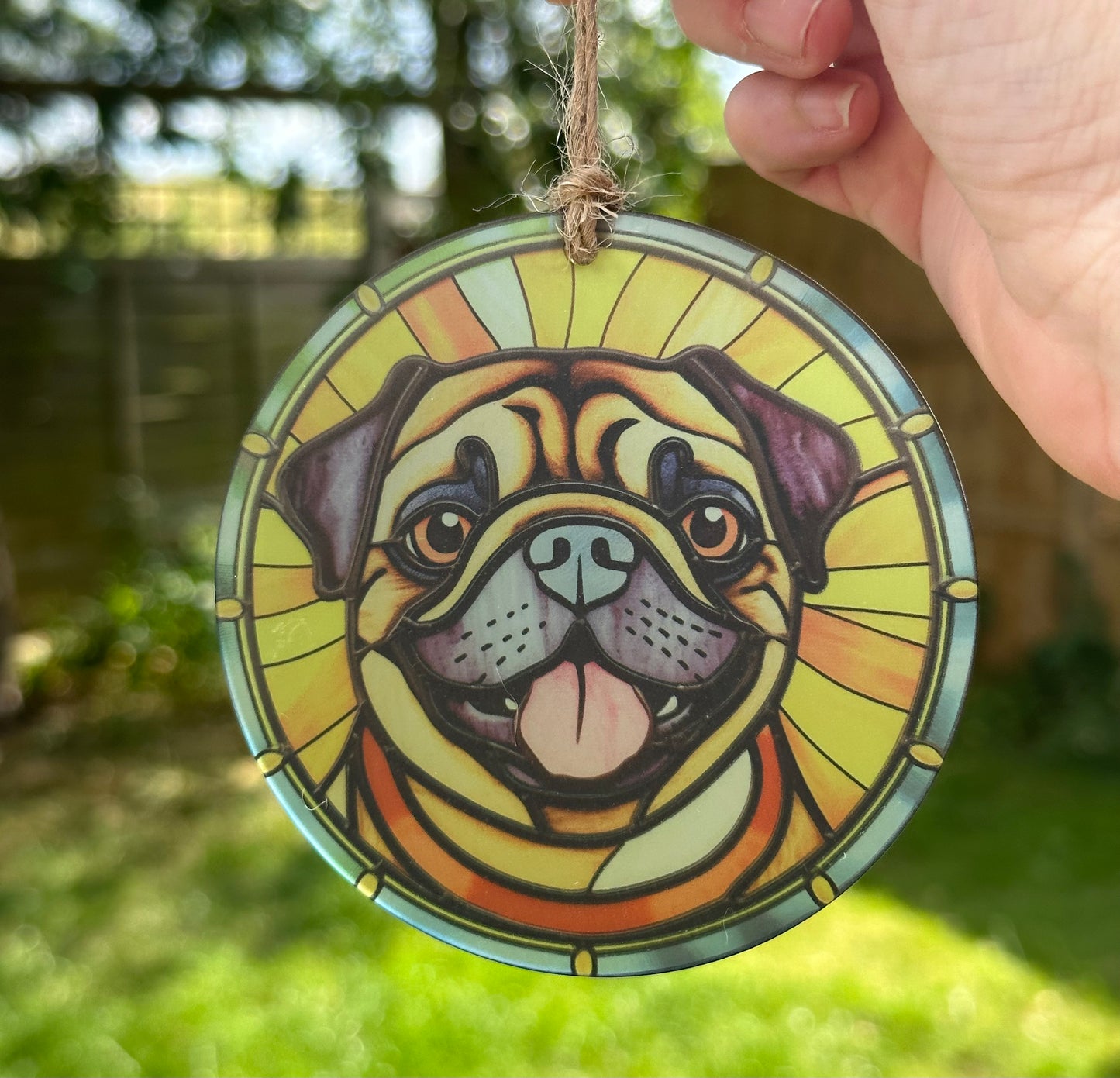 Pug Stained Glass Effect Frosted Clear Acrylic Hanging Bauble Plaque - 3 Sizes Available