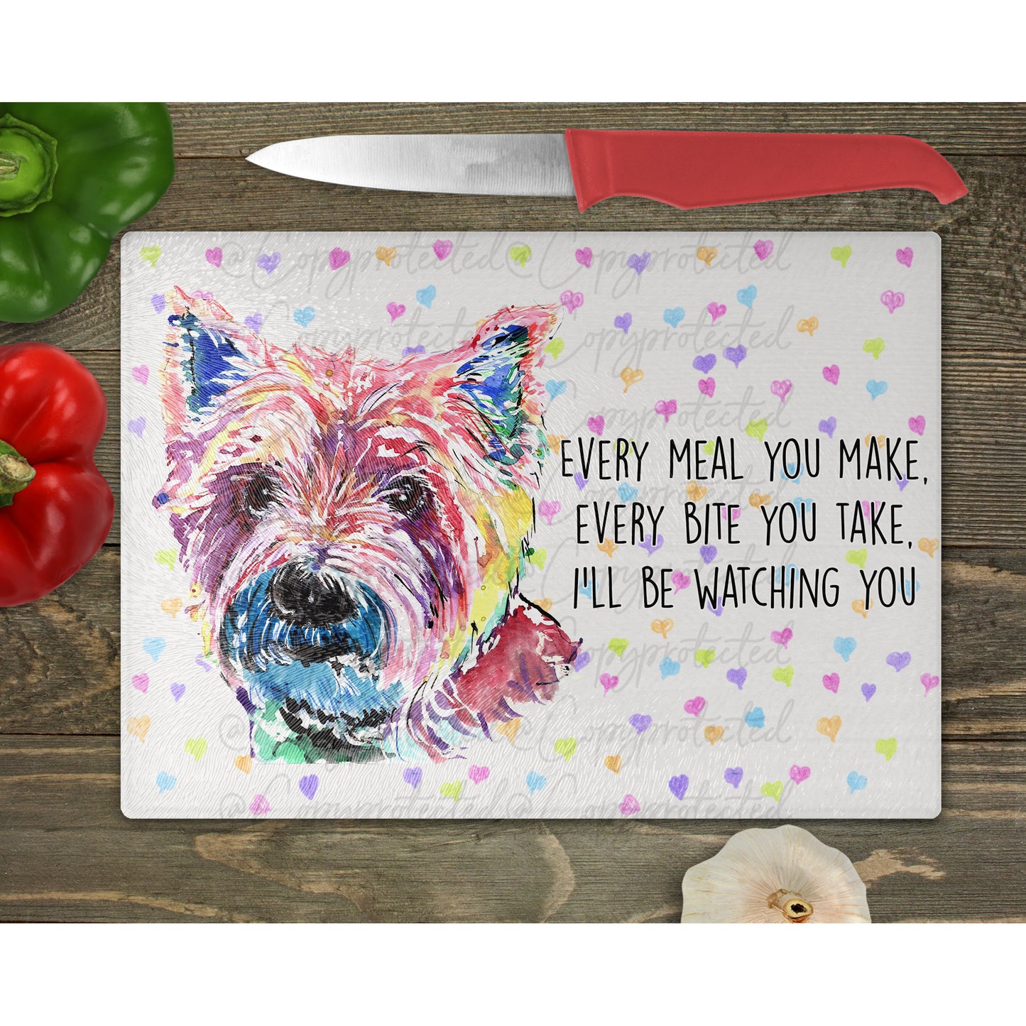 Westie Watercolour Splash Glass Chopping Board - 6 Backgrounds To Choose From.