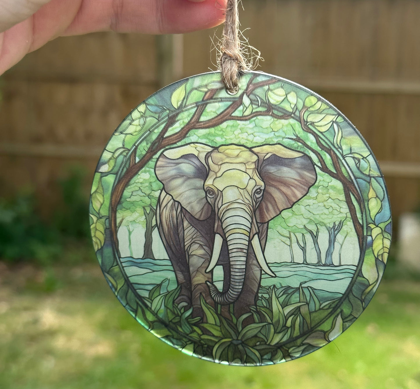 Elephant Stained Glass Effect Frosted Clear Acrylic Hanging Bauble Plaque - 3 Sizes Available