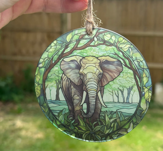 Elephant Stained Glass Effect Frosted Clear Acrylic Hanging Bauble Plaque - 3 Sizes Available