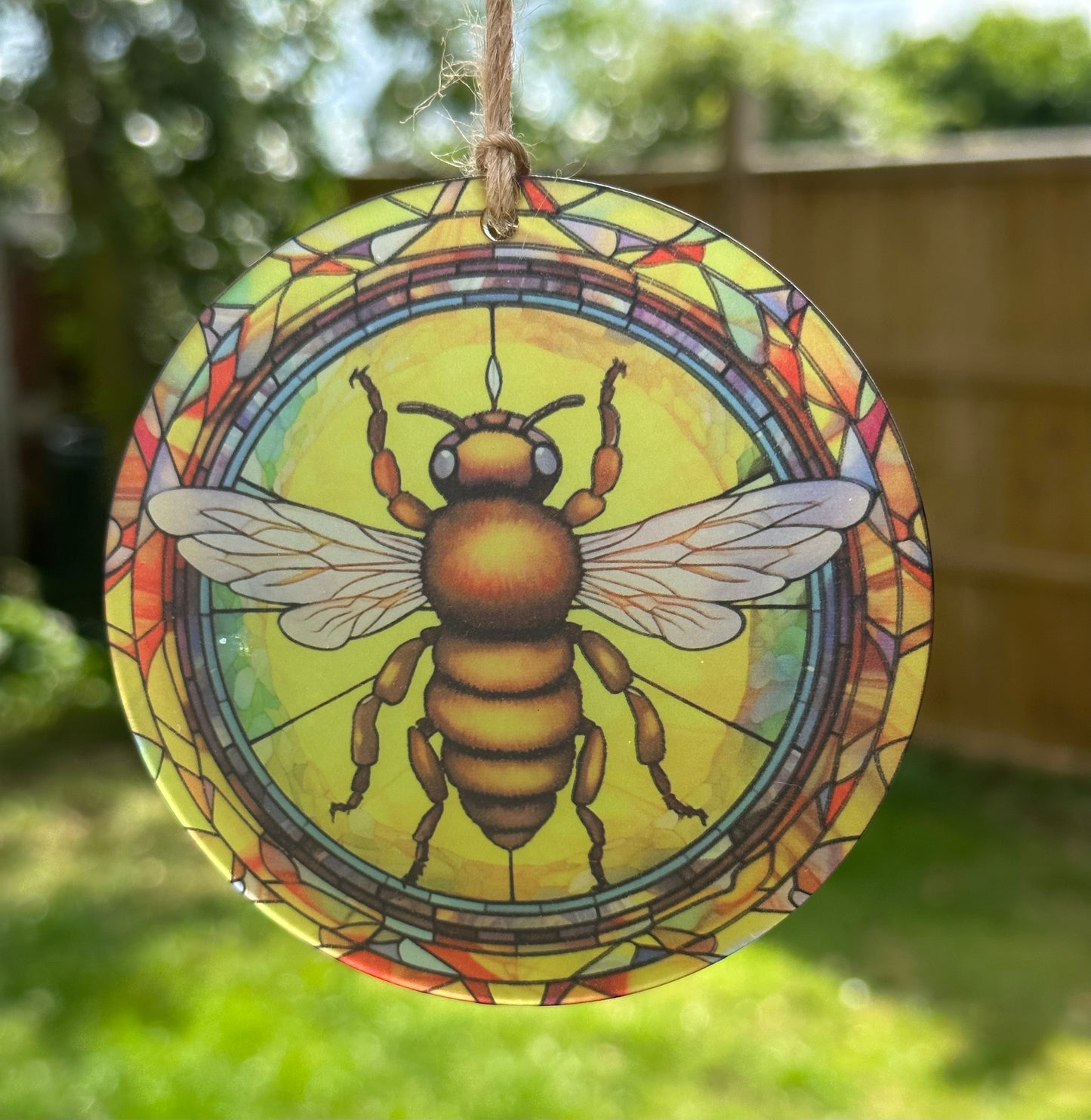 Honey Bee Stained Glass Effect Frosted Clear Acrylic Hanging Bauble Plaque - 3 Sizes Available