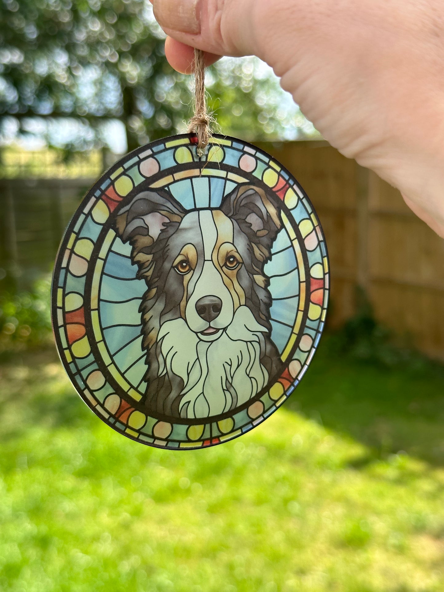 Border Collie Stained Glass Effect Frosted Clear Acrylic Hanging Bauble Plaque - 3 Sizes Available