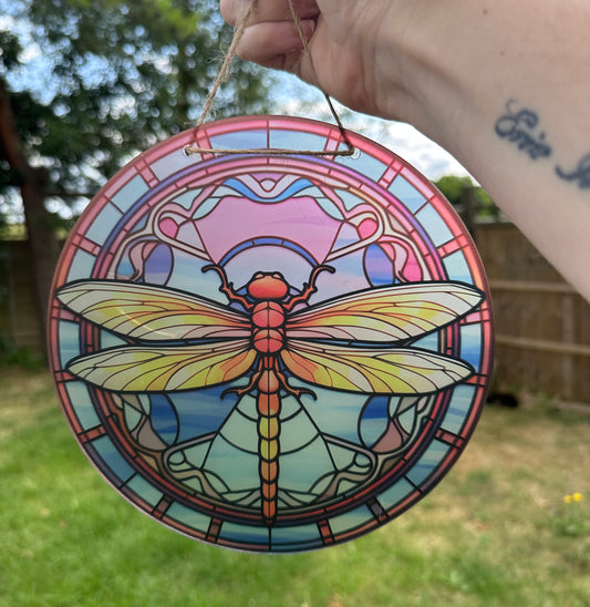 Dragonfly Stained Glass Effect Frosted Clear Acrylic Hanging Bauble Plaque - 3 Sizes Available